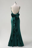 Black Mermaid Spaghetti Straps Ruffed Bow Back Satin Long Bridesmaid Dress